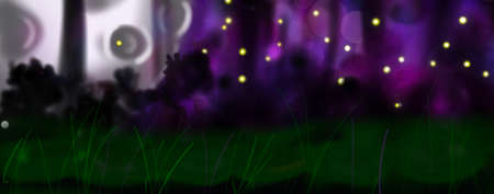 A gaming background, nature landscape. Night forest with magical trees and a lake. Cartoon styleの写真素材