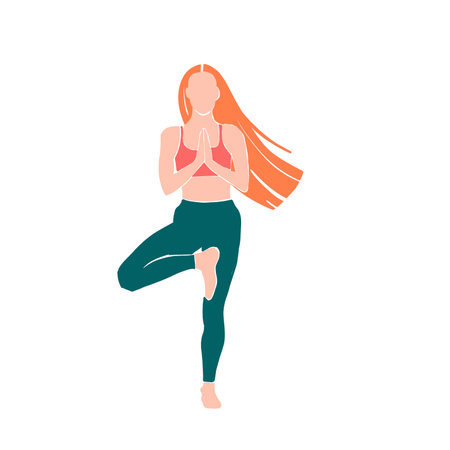 Young girl yoga posing. Flat style illustration. Blondの写真素材