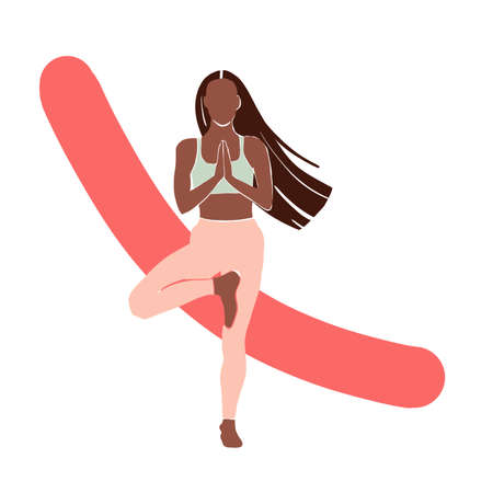 Young girl yoga posing. Flat style illustration. African American girlの写真素材