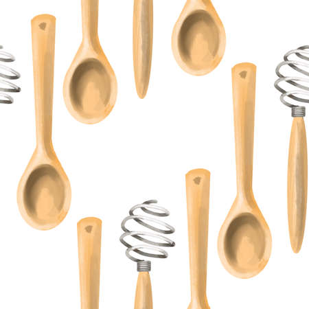 Seamless pattern with baking tools on white background. background. Wooden spatulas, spoons, whisk, measuring spoons. Hand-drawn in watercolour.の写真素材