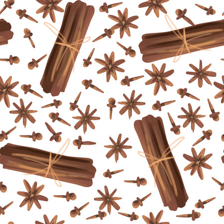 Seamless pattern with spices: cloves, star anise, cinnamon sticks on white. Christmas and New Year theme. Hand drawn holiday clipart. background for fabric, textile, wrapping, food banner, menuの写真素材