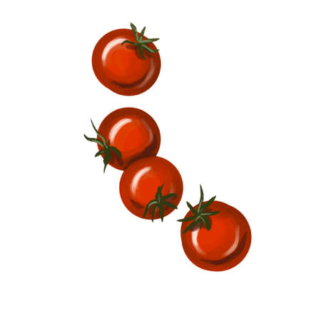 Isolated fresh cherry tomatoes painted with watercolors. Bright juicy vegetables.の写真素材