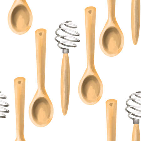 Seamless pattern with baking tools on white background. background. Wooden spatulas, spoons, whisk, measuring spoons. Hand-drawn in watercolour.の写真素材