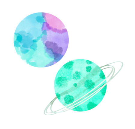 Watercolor Space Planets. Watercolor Space clipart, Cosmos, retro planets isolated. Comets, moon, stars, osteroid, stylized planets set - illustration. Vintage planets illustの写真素材