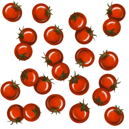 Seamless background with fresh cherry tomatoes painted with watercolors. Bright juicy vegetables.の写真素材