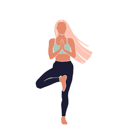 Set Young girl yoga posing. Flat style illustration.の写真素材