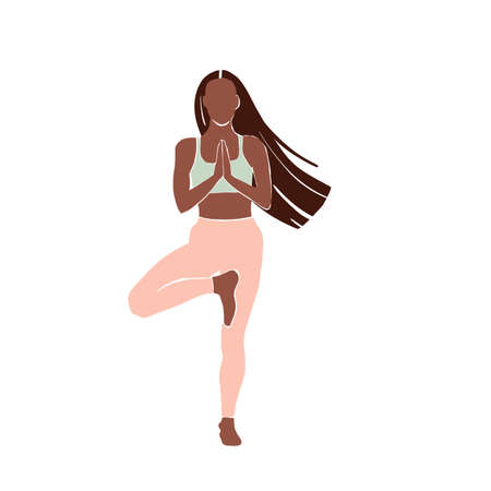 Set Young girl yoga posing. Flat style illustration. African American girlの写真素材