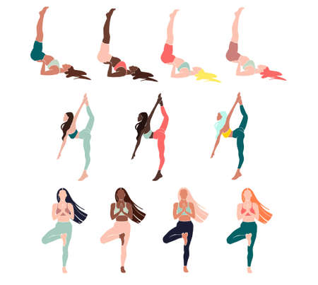 Set Young girl yoga posing. Flat style illustration. African American girlの写真素材