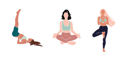 Set Young girl yoga posing. Flat style illustration.の写真素材