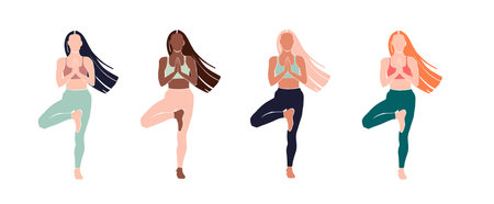 Set Young girl yoga posing. Flat style illustration. African American girlの写真素材