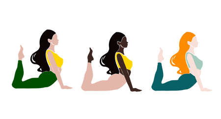 Set Young girl yoga posing. Flat style illustration. African American girlの写真素材