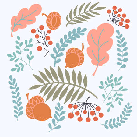 Isolated acorns and autumn oak leaves in orange, beige, brown and yellow. Perfect for wallpaper, gift paper, pattern fill, web page background, autumn greeting cards.の写真素材