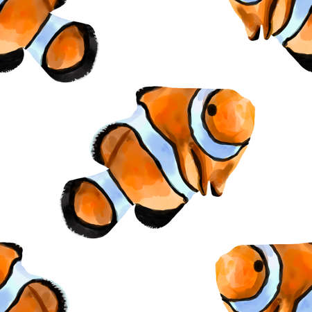 Watercolor seamless pattern illustration of an orange clown fish. Salt water exotic amphiprion fish isolated on background.の写真素材