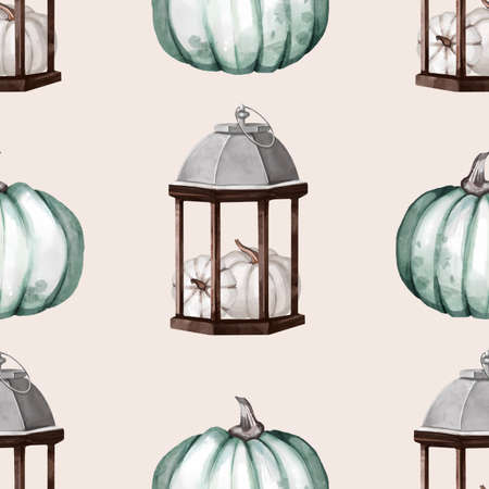Seamless watercolor pattern with green, white end rose pumpkins and autumn leaves. Design for wrapping paper decoration, backgroundの写真素材