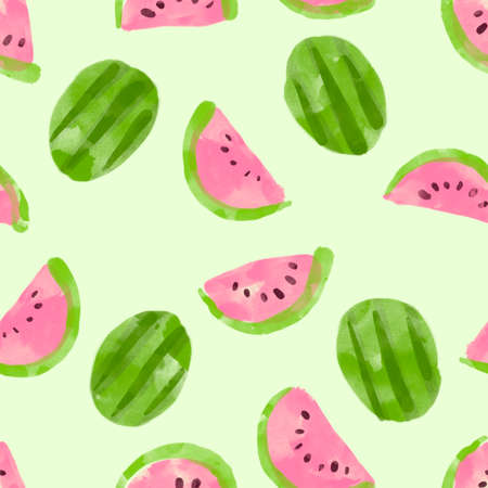 Seamless background with watermelon slices. Bright watercolor sketch of watermelon. Template background and wrapping paper, the backdrop of postcards and cards.の写真素材