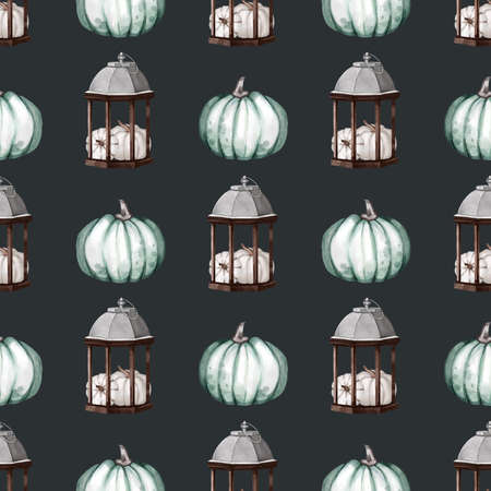 Seamless watercolor pattern with green, white end rose pumpkins and autumn leaves. Design for wrapping paper decoration, backgroundの写真素材