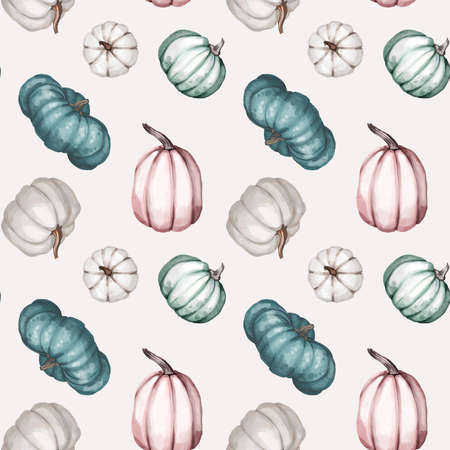 Seamless watercolor pattern with green, white end rose pumpkins and autumn leaves. Design for wrapping paper decoration, backgroundの写真素材