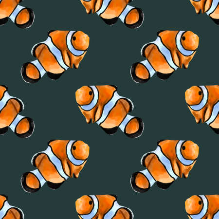 Watercolor seamless pattern illustration of an orange clown fish. Salt water exotic amphiprion fish isolated on background.の写真素材
