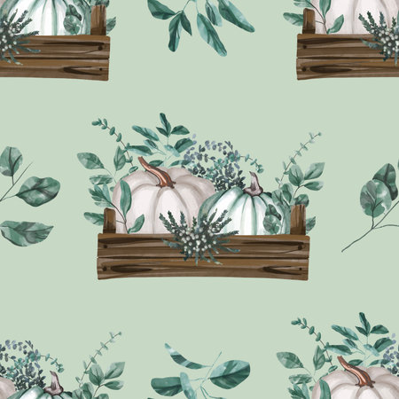 Seamless watercolor pattern with green, white end rose pumpkins and autumn leaves. Design for wrapping paper decoration, backgroundの写真素材