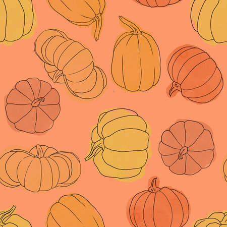 Beautiful pumpkin halloween thanksgiving seamless pattern, cute cartoon pumpkins hand drawn background, great for seasonal textile prints, holiday banners, backdrops or wallpapersの写真素材