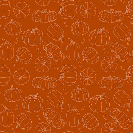 Beautiful pumpkin halloween thanksgiving seamless pattern, cute cartoon pumpkins hand drawn background, great for seasonal textile prints, holiday banners, backdrops or wallpapersの写真素材