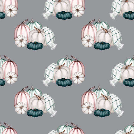 Seamless watercolor pattern with green, white end rose pumpkins and autumn leaves. Design for wrapping paper decoration, backgroundの写真素材