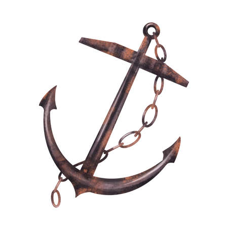 Watercolor hand drawn nautical illustration with an anchor on a chainの写真素材