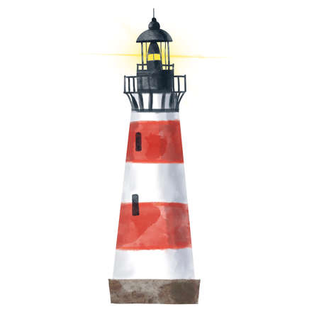 Striped red and white lighthouse - watercolor illustration isolated on white background, hand drawn clipart. Illustration for clothes, stickers, baby shower, greeting cards, prints.の写真素材
