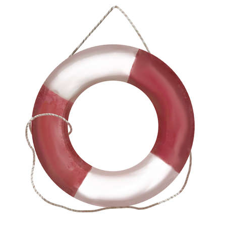 Watercolor illustration of life-ring. lifebuoy with rope isolated on white background. red striped swim ringの写真素材