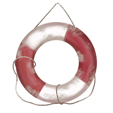 Watercolor illustration of life-ring. lifebuoy with rope isolated on white background. red striped swim ringの写真素材