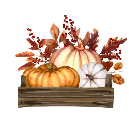 Watercolor composition of colorful pumpkins and autumn leaves. Botanical illustration isolated on white background. Halloween and Thanksgiving day composition of red, orange and white pumpkins.の写真素材