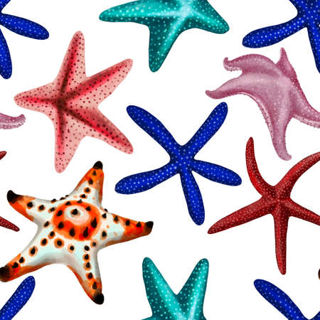 Watercolor illustration of starfish seamless pattern on backgroundの写真素材