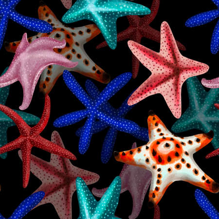 Watercolor illustration of starfish seamless pattern on backgroundの写真素材