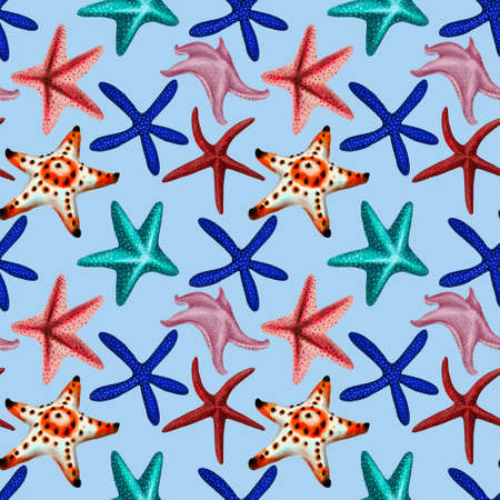 Watercolor illustration of starfish seamless pattern on backgroundの写真素材