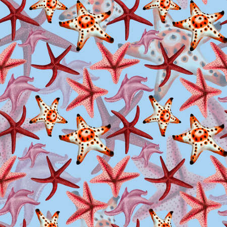 Watercolor illustration of starfish seamless pattern on backgroundの写真素材