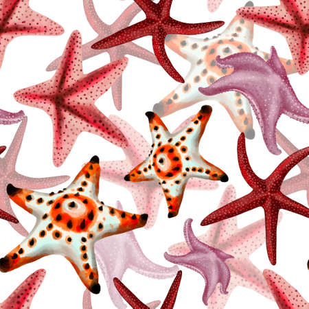 Watercolor illustration of starfish seamless pattern on backgroundの写真素材