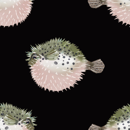 Aquarelle painting of fish sketch art illustration. Fish Fugu seamless patternの写真素材