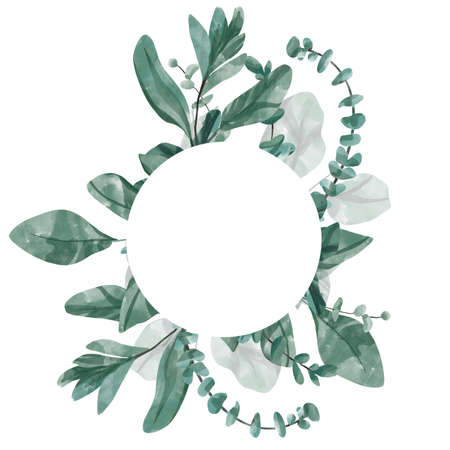 Hand-painted watercolor green floral banner with silver dollar eucalyptus is insulated on a white background. Healing herbsの写真素材