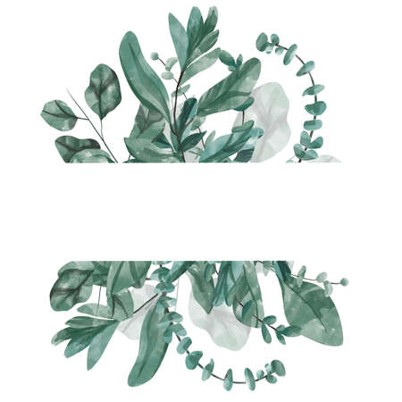 Hand-painted watercolor green floral banner with silver dollar eucalyptus is insulated on a white background. Healing herbsの写真素材