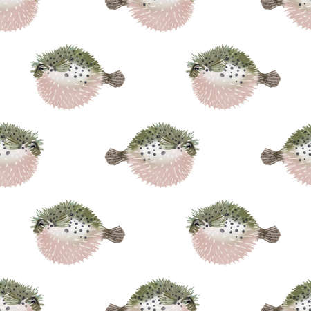Aquarelle painting of fish sketch art illustration. Fish Fugu seamless patternの写真素材
