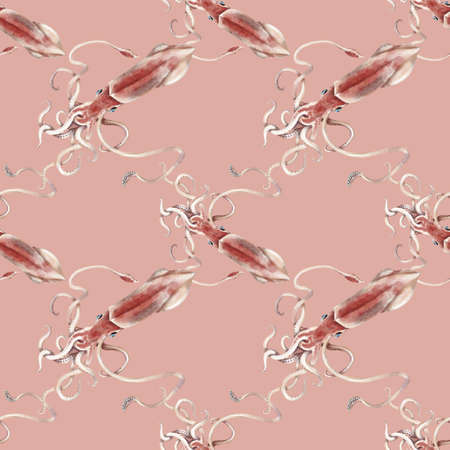 Watercolor squid seamless pattern, hand painted illustration backgroundの写真素材