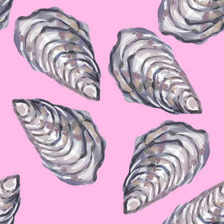 Nautical seamless pattern with watercolor illustrations of shells oysterの写真素材