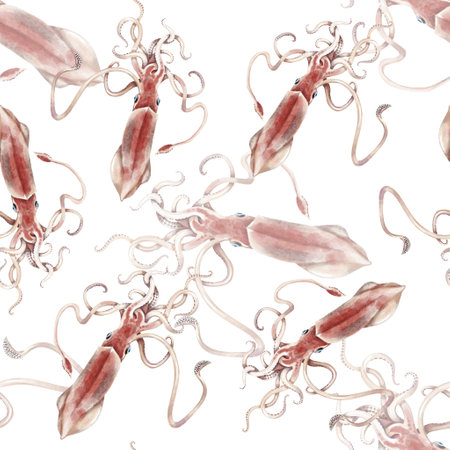 Watercolor squid seamless pattern, hand painted illustration backgroundの写真素材