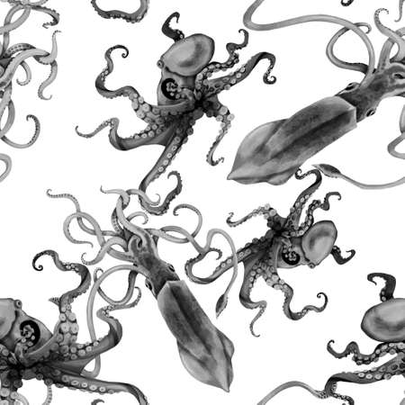 Watercolor squid octopus seamless pattern, hand painted illustrationの写真素材