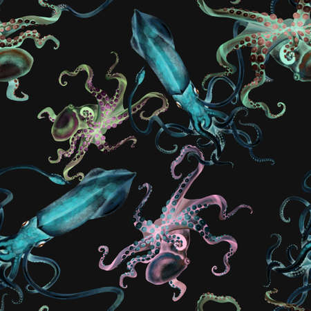 Watercolor squid octopus seamless pattern, hand painted illustrationの写真素材