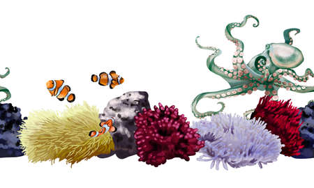 Underwater creatures, clown fish, octopus, anemones, corals. Watercolor seamless borderの写真素材