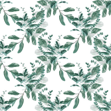 Watercolor seamless pattern with greenery, green leaves and branches on a white background.の写真素材
