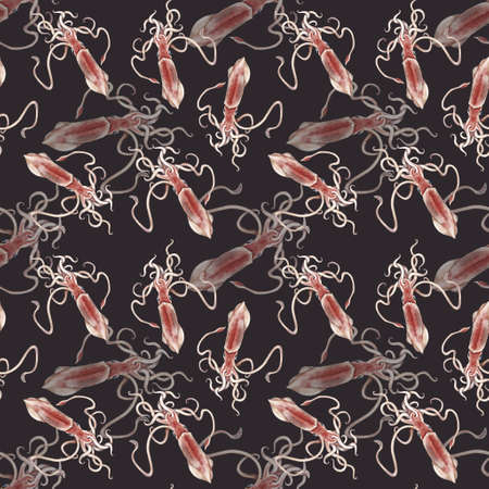 Watercolor squid seamless pattern, hand painted illustration backgroundの写真素材