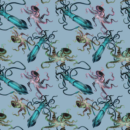 Watercolor squid octopus seamless pattern, hand painted illustrationの写真素材