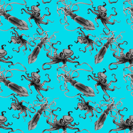 Watercolor squid octopus seamless pattern, hand painted illustrationの写真素材